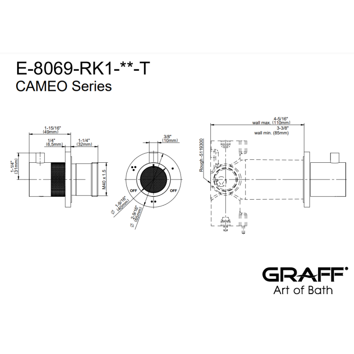 Zawór odcinający Graff Cameo element zewnętrzny baterii natryskowej na 3 wyjścia chrom E-8069-RK1-PC-T