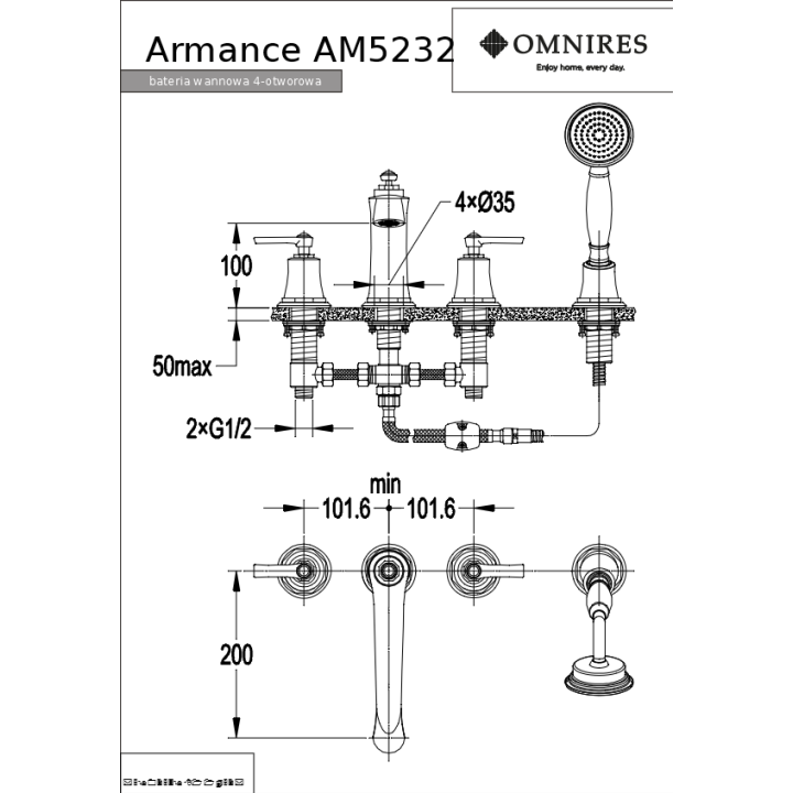 Bateria wannowa Omnires Armance czterootworowa miedź antyczna AM5232ORB