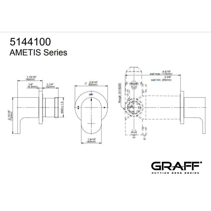 Zawór odcinający Graff Ametis element zewnętrzny baterii natryskowej na 2 wyjścia chrom E-8068-LM44E1-PC-T