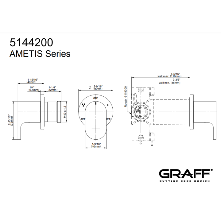Zawór odcinający Graff Ametis element zewnętrzny baterii natryskowej na 3 wyjścia chrom E-8069-LM44E1-PC-T
