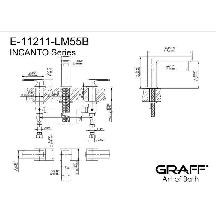 Bateria umywalkowa Graff Incanto trzyotworowa chrom E-11211-LM55B-PC