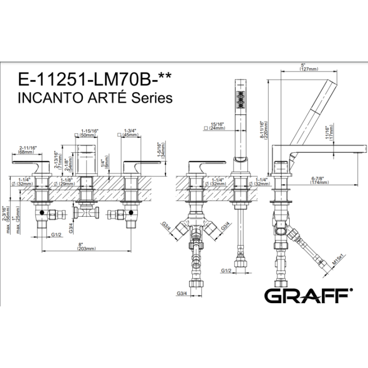 Bateria wannowa Graff Incanto Arte z zestawem natryskowym chrom E-11251-LM70B-PC