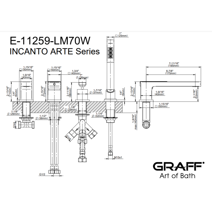 Bateria wannowa Graff Incanto z zestawem natryskowym chrom E-11259-LM70W-PC