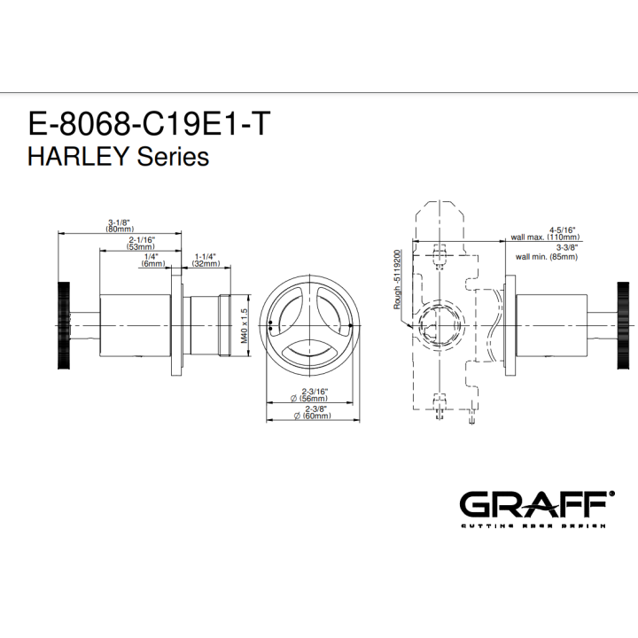 Zawór odcinający Graff Harley element zewnętrzny baterii natryskowej na 2 wyjścia chrom E-8068-C19E1-PC-T