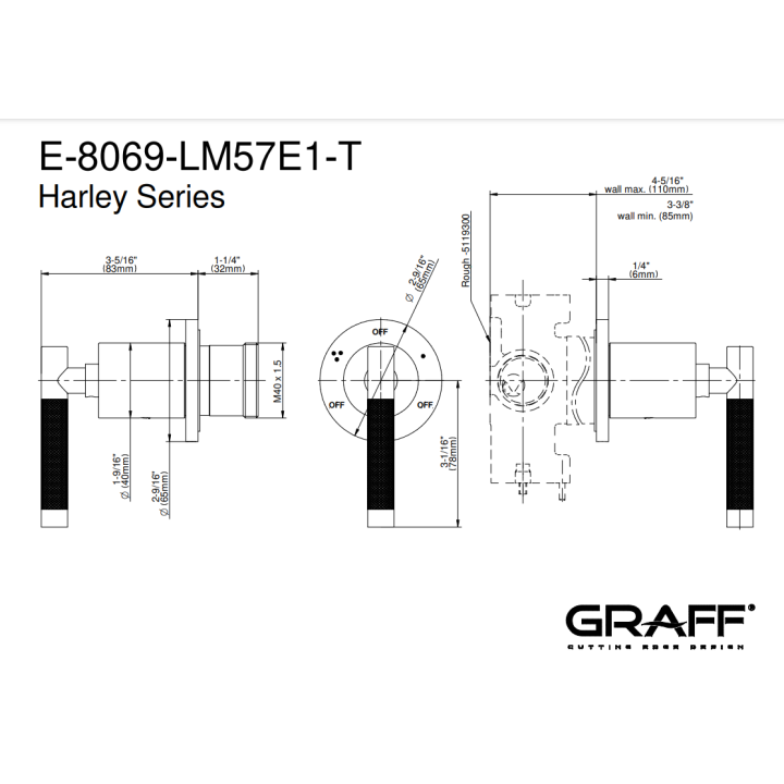 Zawór odcinający Graff Harley element zewnętrzny baterii natryskowej na 3 wyjścia chrom E-8069-LM57E1-PC-T