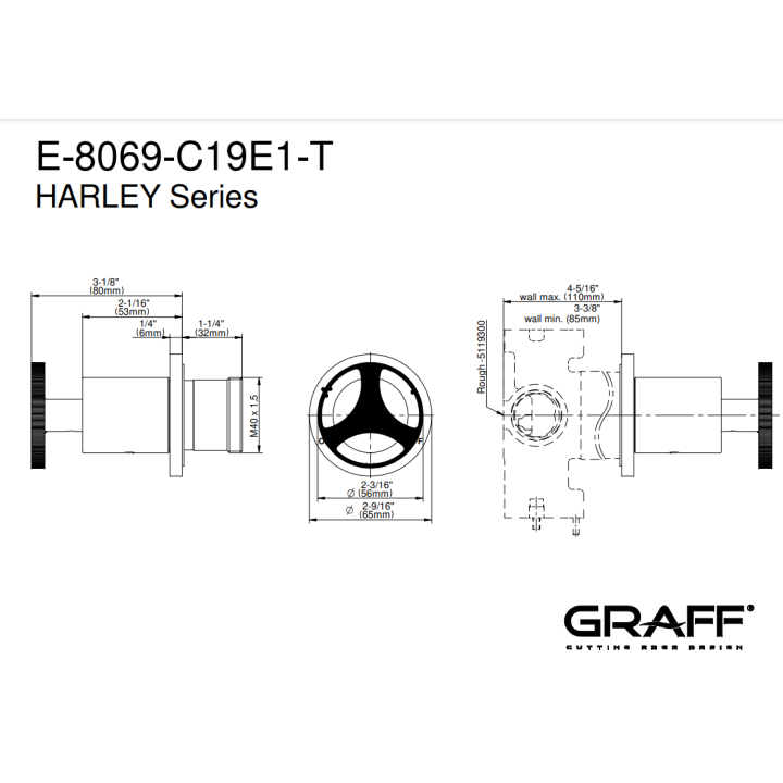 Zawór odcinający Graff Harley element zewnętrzny baterii natryskowej na 3 wyjścia chrom E-8069-C19E1-PC-T