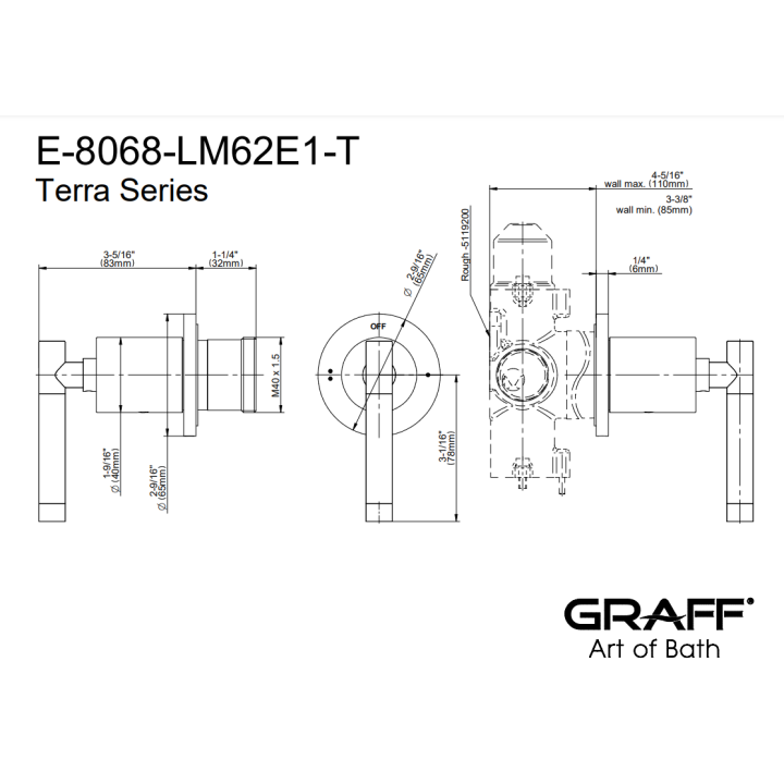 Zawór odcinający Graff Terra element zewnętrzny baterii natryskowej na 2 wyjścia chrom E-8068-LM62E1-PC-T