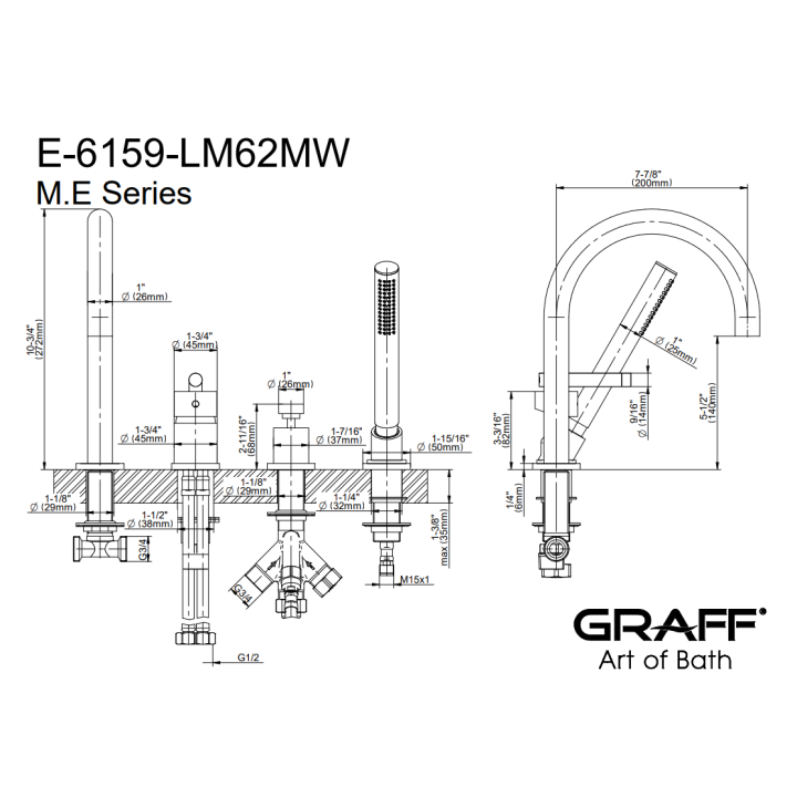Bateria wannowa Graff M.E. z zestawem natryskowym chrom E-6159-LM62MW-PC