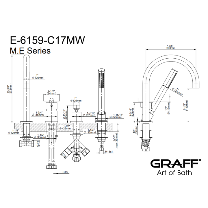 Bateria wannowa Graff M.E. z zestawem natryskowym chrom E-6159-C17MW-PC