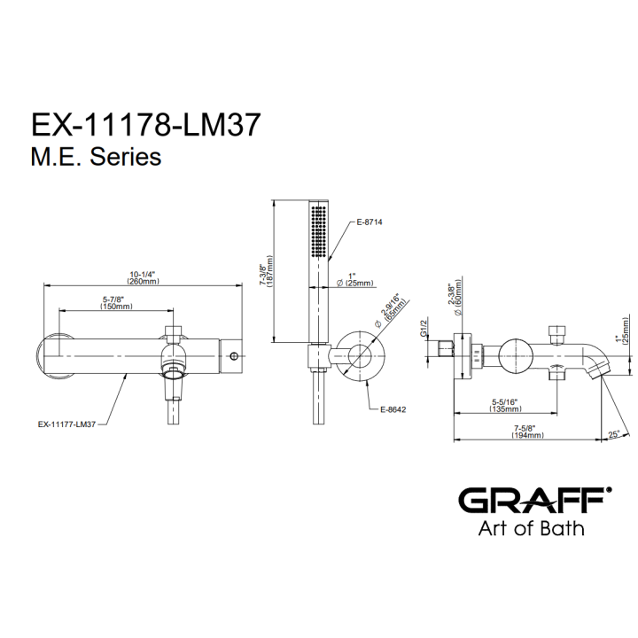 Bateria wannowo-prysznicowa Graff M.E. z zestawem natryskowym chrom EX-11178-LM37-PC