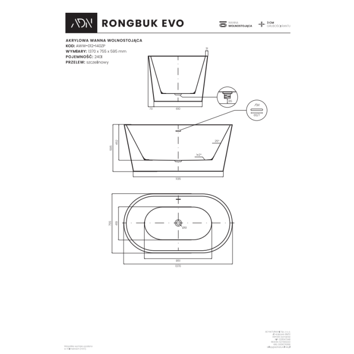 Akrylowa wanna AD naturalnie RONGBUK EVO 140 cm wolnostojąca AWW-012-140ZP