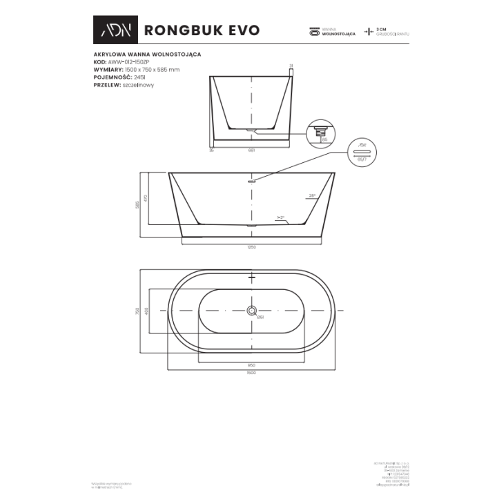 Akrylowa wanna AD naturalnie RONGBUK EVO 150 cm wolnostojąca AWW-012-150ZP