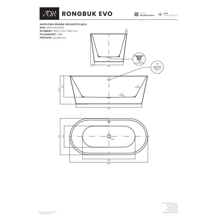 Akrylowa wanna AD naturalnie RONGBUK EVO 160 cm wolnostojąca AWW-012-160ZP
