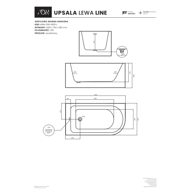 Akrylowa wanna narożna AD naturalnie UPSALA LINE lewa 140cm AWW-009-140ZP-L