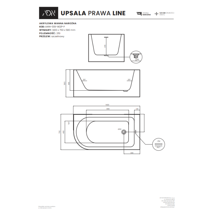 Akrylowa wanna narożna AD naturalnie UPSALA LINE prawa 140cm AWW-009-140ZP-P