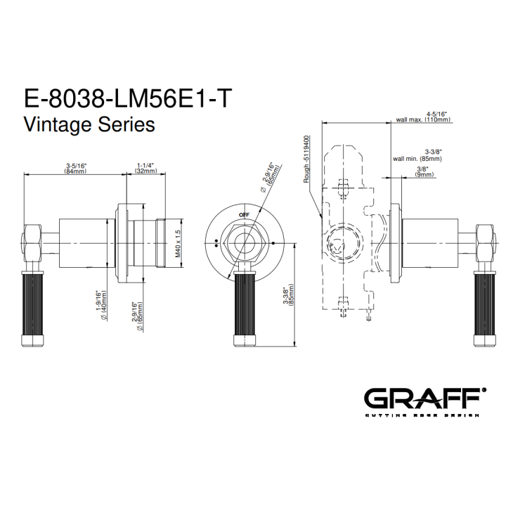 Zawór odcinający Graff Vintage element zewnętrzny baterii natryskowej na 2 wyjścia chrom E-8038-LM56E1-PC-T