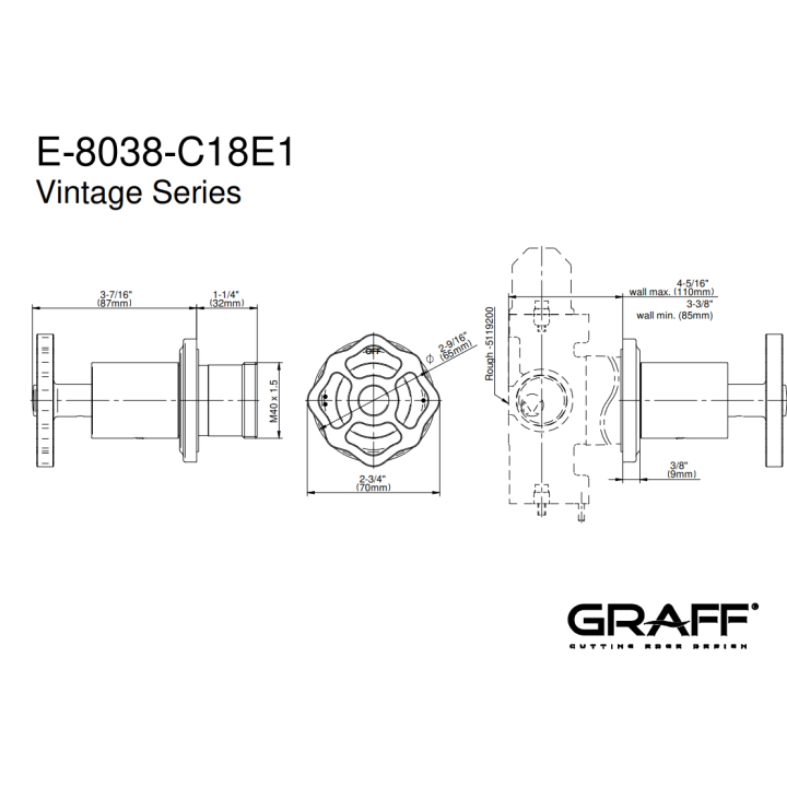 Zawór odcinający Graff Vintage element zewnętrzny baterii natryskowej na 2 wyjścia chrom E-8038-C18E1-PC-T