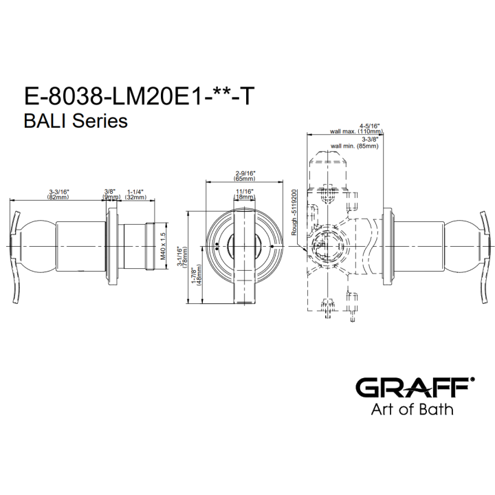 Zawór odcinający Graff Bali element zewnętrzny baterii natryskowej na 2 wyjścia chrom E-8038-LM20E1-PC-T