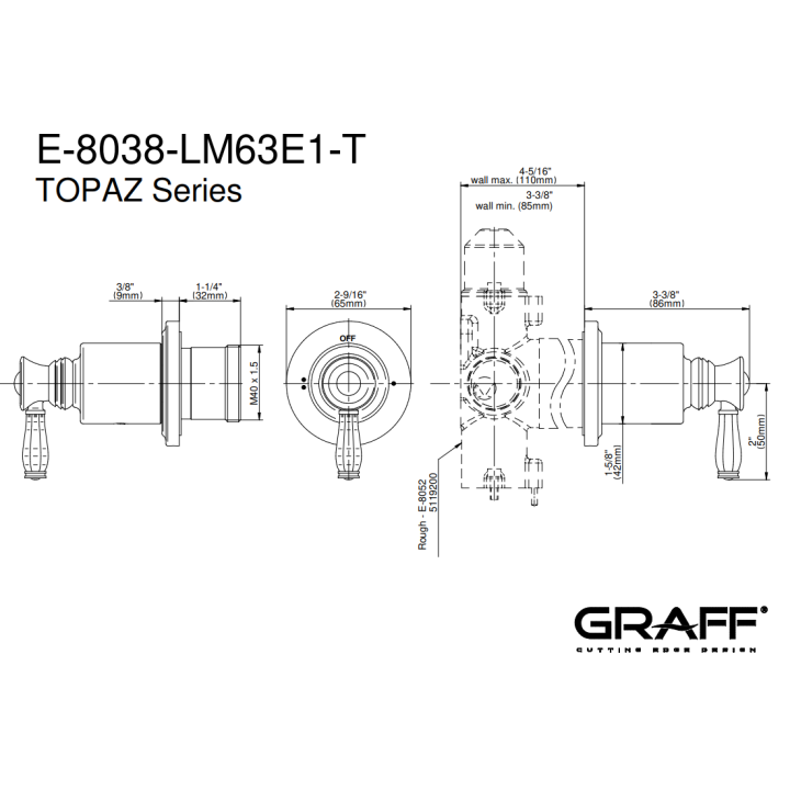 Zawór odcinający Graff Topaz element zewnętrzny baterii natryskowej na 2 wyjścia chrom E-8038-LM63E1-PC-T