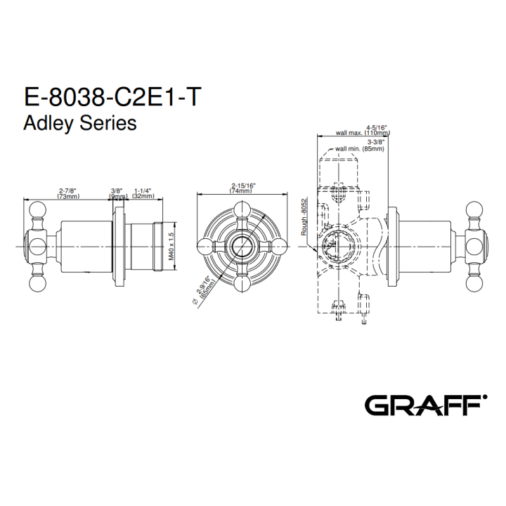 Zawór odcinający Graff Lauren element zewnętrzny baterii natryskowej na 2 wyjścia chrom E-8038-C2E1-PC-T