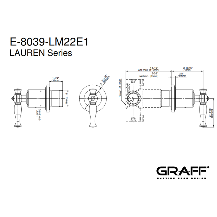 Zawór odcinający Graff Lauren element zewnętrzny baterii natryskowej na 3 wyjścia chrom E-8039-LM22E1-PC-T