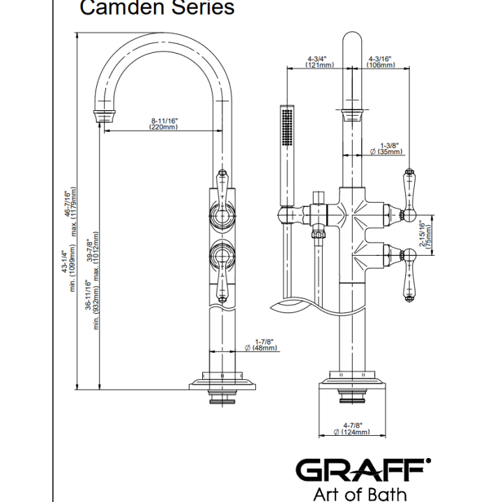 Bateria wannowa Graff Camden High-flow montowana na podłodze chrom E-6957-LM48N-PC-T