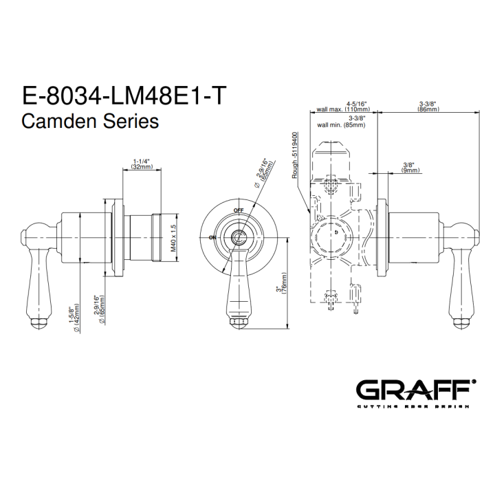Zawór odcinający Graff Camden element zewnętrzny baterii natryskowej chrom E-8034-LM48E1-PC-T