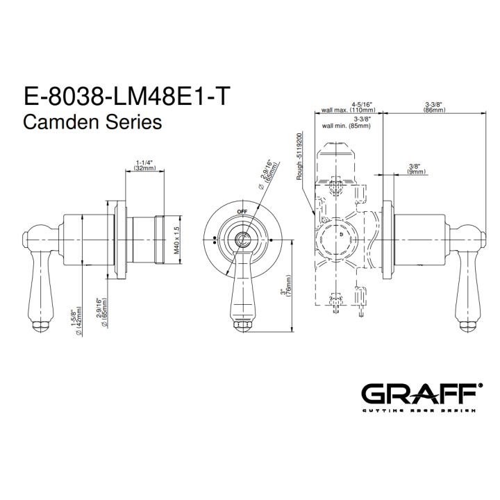 Zawór odcinający Graff Camden element zewnętrzny baterii natryskowej na 2 wyjścia chrom E-8038-LM48E1-PC-T