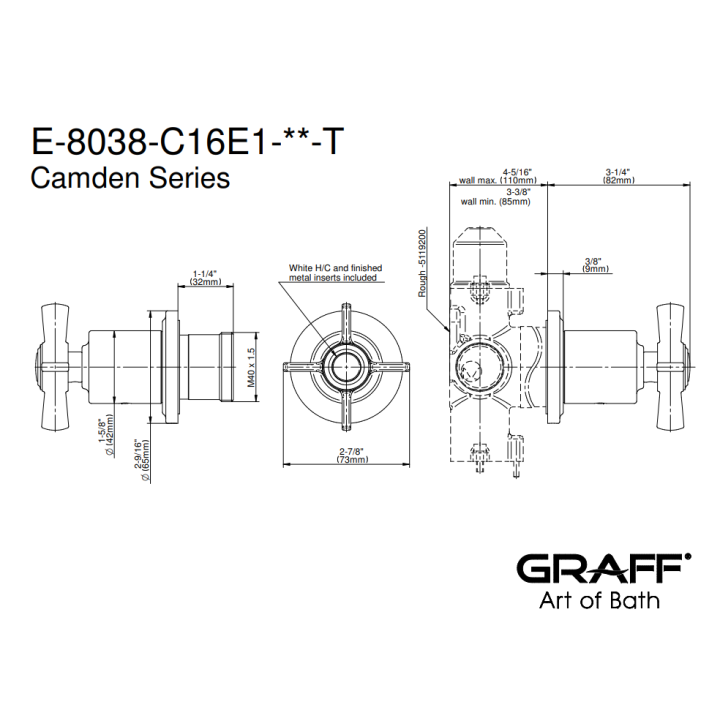 Zawór odcinający Graff Camden element zewnętrzny baterii natryskowej na 2 wyjścia chrom E-8038-C16E1-PC-T