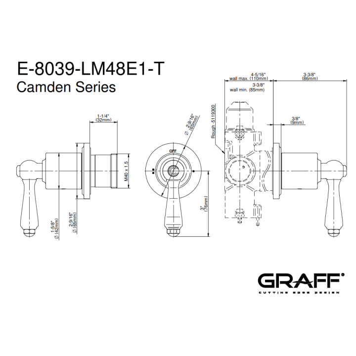 Zawór odcinający Graff Camden element zewnętrzny baterii natryskowej na 3 wyjścia chrom E-8039-LM48E1-PC-T