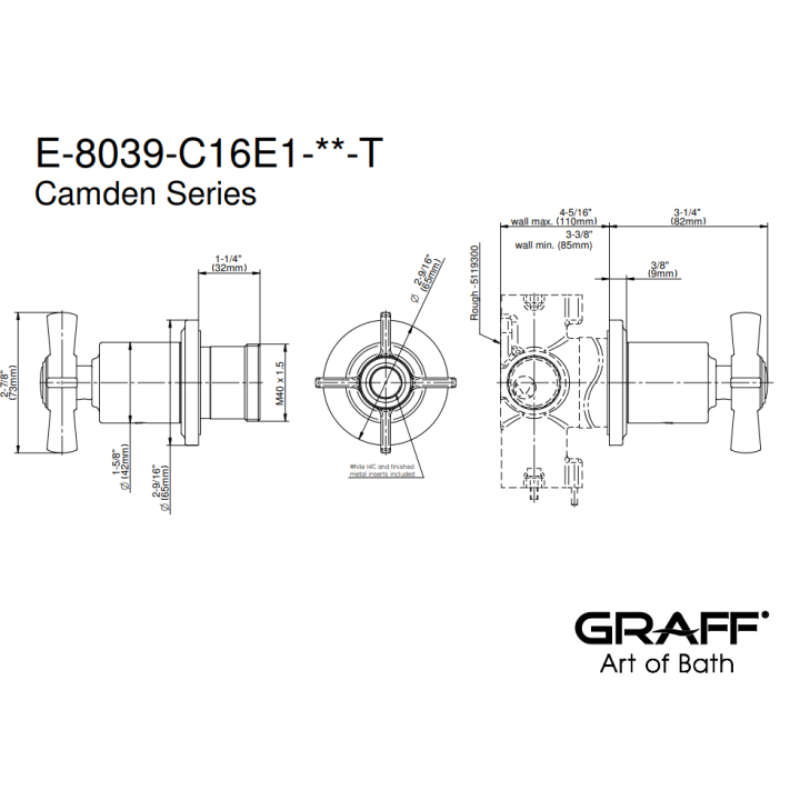 Zawór odcinający Graff Camden element zewnętrzny baterii natryskowej na 3 wyjścia chrom E-8039-C16E1-PC-T