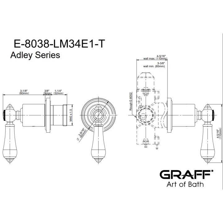 Zawór odcinający Graff Lauren element zewnętrzny baterii natryskowej na 2 wyjścia chrom E-8038-LM34E1-PC-T