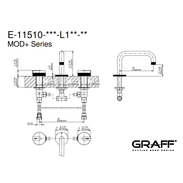 Bateria umywalkowa Graff MOD+ 3-otworowa chrom E-11510-R1PC-L1PC-PC
