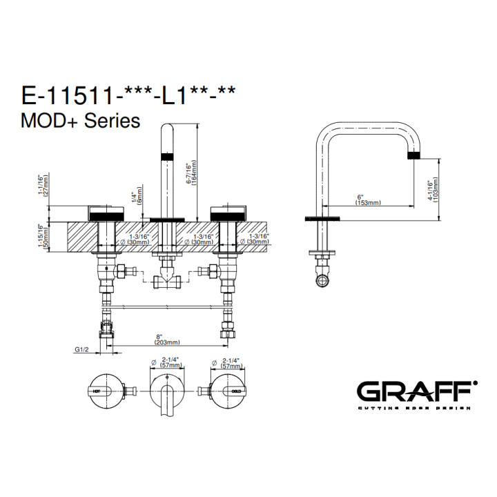Bateria umywalkowa Graff MOD+ 3-otworowa chrom E-11511-R1PC-L1PC-PC