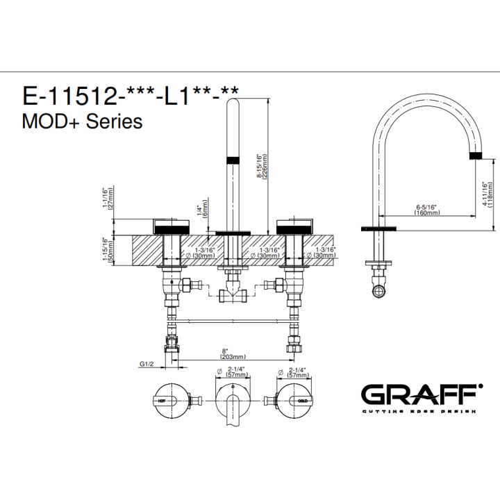 Bateria umywalkowa Graff MOD+ 3-otworowa chrom E-11512-R1PC-L1PC-PC