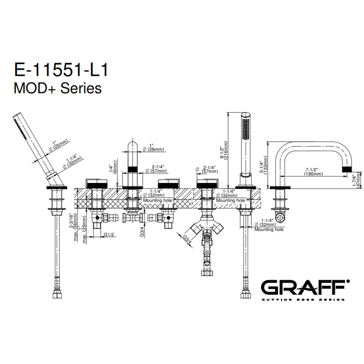 Bateria wannowa Graff MOD+ z zestawem prysznicowym chrom E-11551-PC