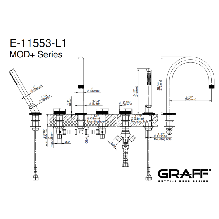 Bateria wannowa Graff MOD+ z zestawem prysznicowym chrom E-11553-PC
