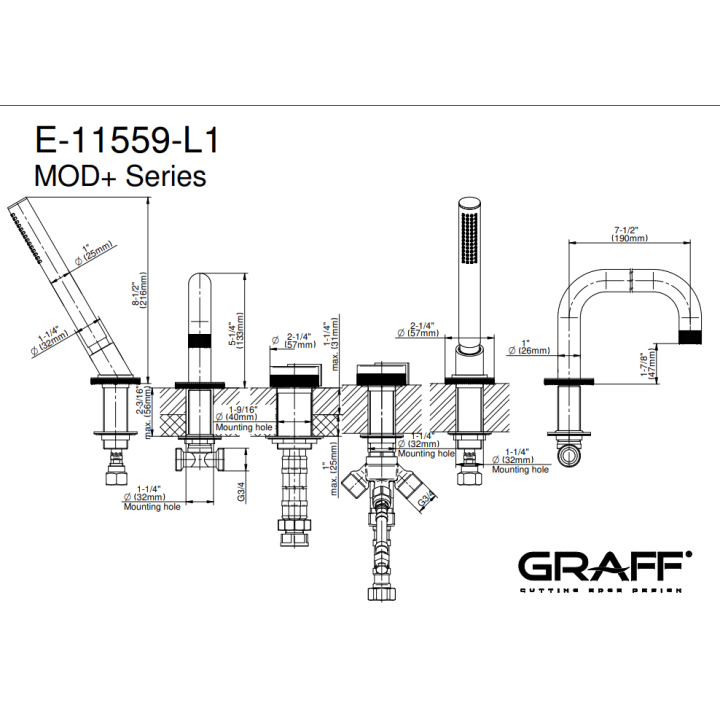 Bateria wannowa Graff MOD+ progresywna z zestawem natryskowym chrom E-11559-PC