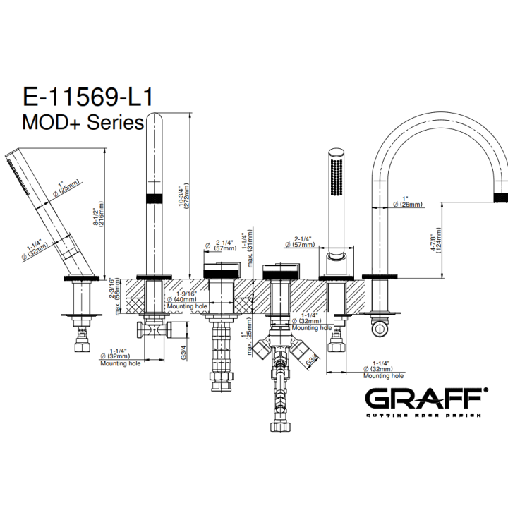 Bateria wannowa Graff MOD+ progresywna z zestawem natryskowym chrom E-11569-PC
