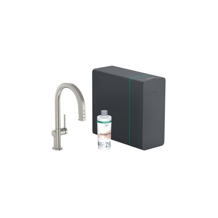Bateria kuchenna HANSGROHE AQITTURA M91 SODASYSTEM 210 z wyciąganą wylewką, stal szlachetna 76836800