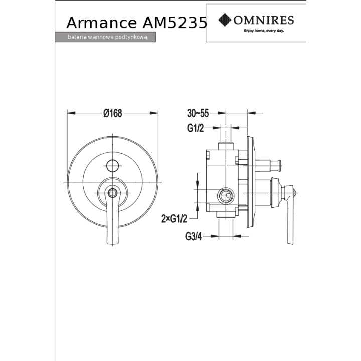 Bateria wannowa Omnires Armance podtynkowa miedź antyczna AM5235ORB