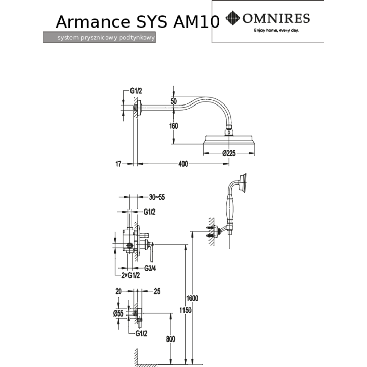 Kompletny łazienkowy system Omnires Armance miedź antyczna SYSAM10ORB