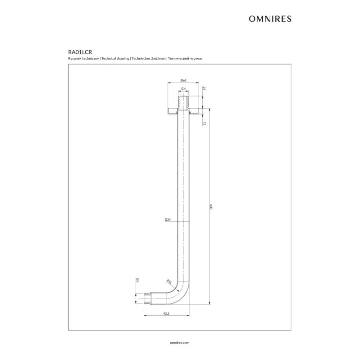 Ramię ścienne do deszczownicy 40 cm Omnires chrom RA01LCR