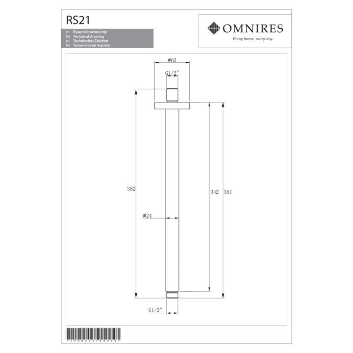 Ramię sufitowe deszczownicy 34cm OMNIRES chrom RS21CR
