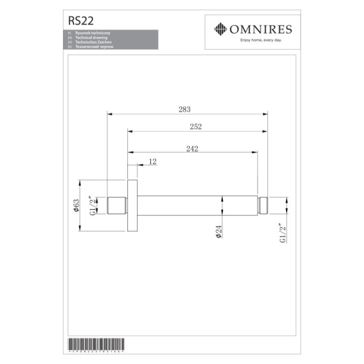 Ramię sufitowe deszczownicy 24 cm OMNIRES chrom RS22CR