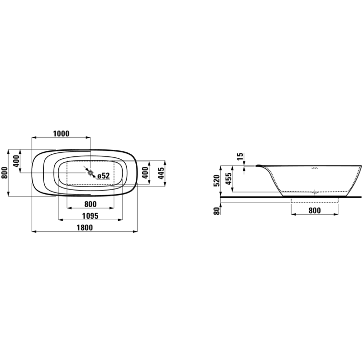 Wanna wolnostojąca Laufen Ino 1800 x 800 x 520 mm biała H2303020000001