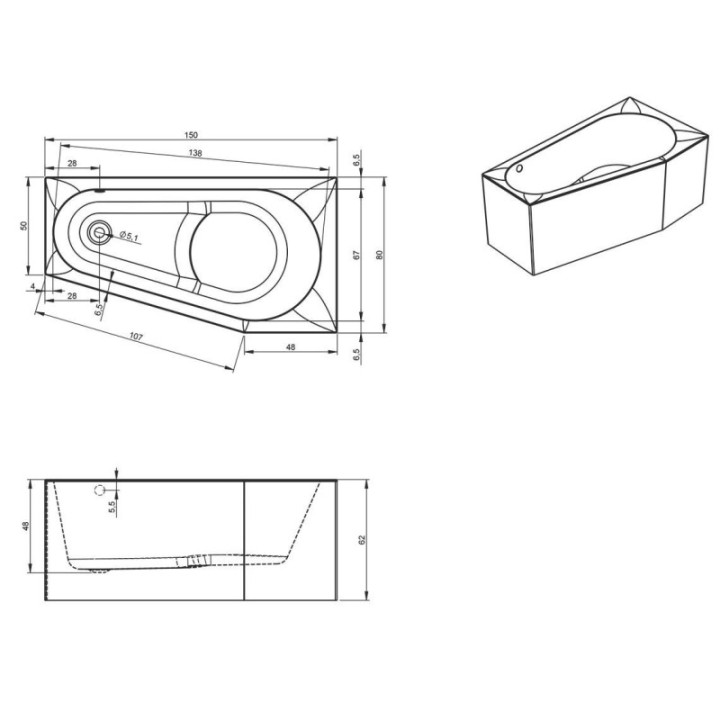 Wanna RIHO DELTA PLUG&PLAY 150 x 80 x 62 cm wersja lewa biały połysk B067007005