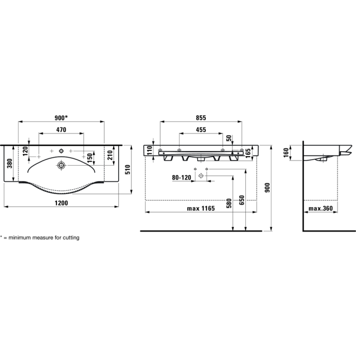 Umywalka ścienna z relingiem Laufen Palace 1200 x 510 mm z 3 otw. biała H8127040001081