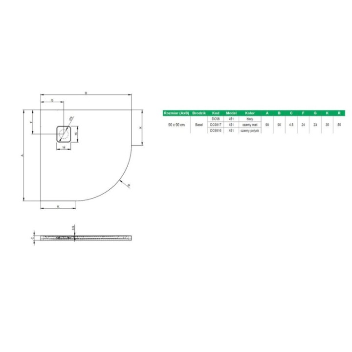 Brodzik półokrągły RIHO BASEL 90 x 90 x 4,5 cm biały D005046005