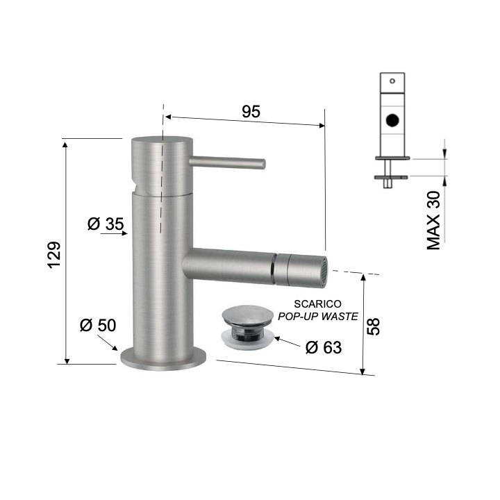 Bateria bidetowa stojąca DANIEL TOKYO STEEL bez korka inox SSTX604B
